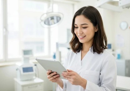Doctor reviewing patient tablet during telehealth consultation for NAD injection therapy