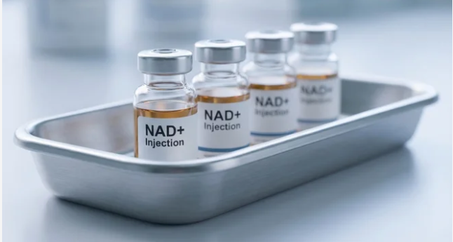 NAD injections vs IV therapy comparison showing a syringe and IV drip side by side